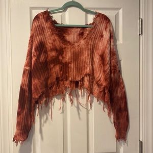 Hazel Boutique Red Tie Dyed distressed cropped sweater
